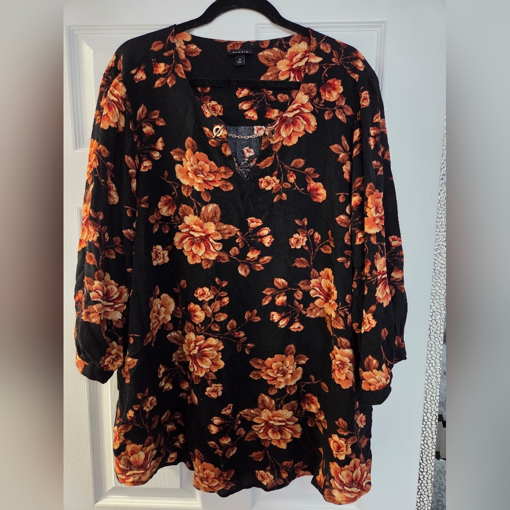 torrid Black Floral Peasant Blouse with Orange Blooms